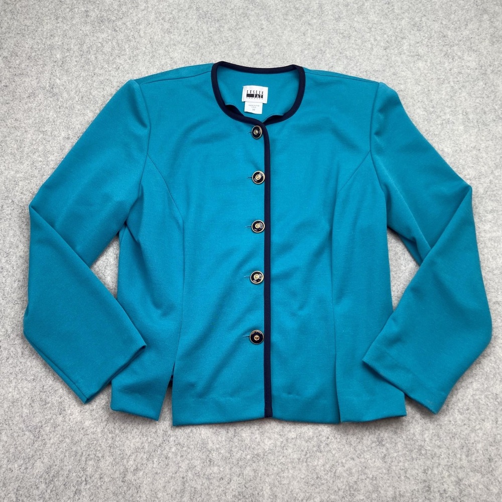Leslie Fay Dresses Suit Jacket Womens 16 Blue Navy Trim Gold Button Made USA